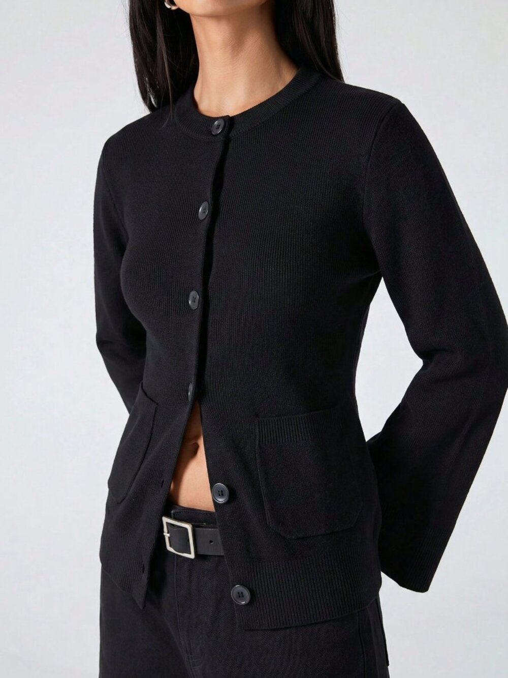 Black Casual Women's Slim Fit Office Minimalist Pocket Button Cardigan - Picture 7 of 7